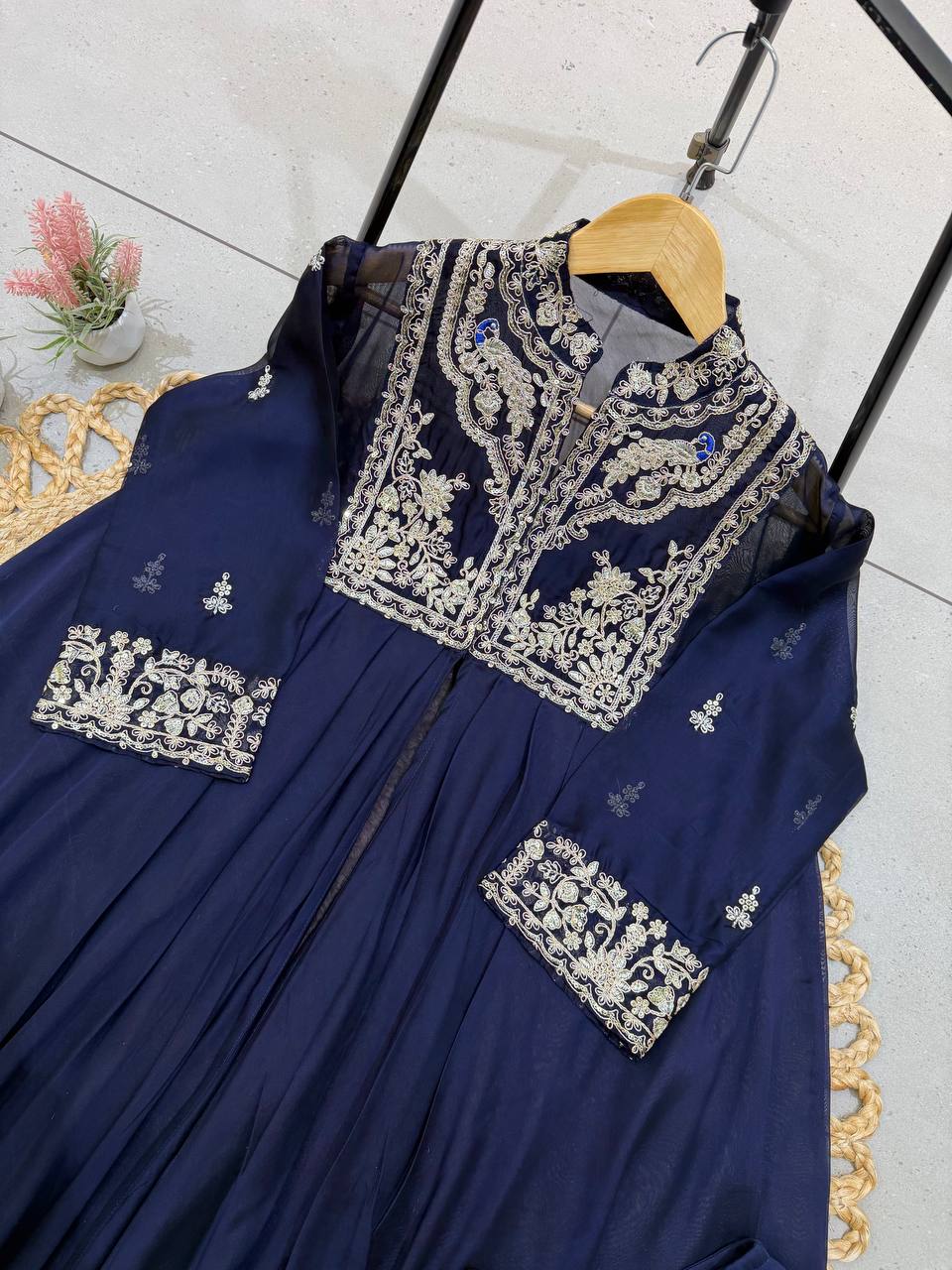 Navy Blue Rangoli Silk Sequin Indo-Western Set, view 3