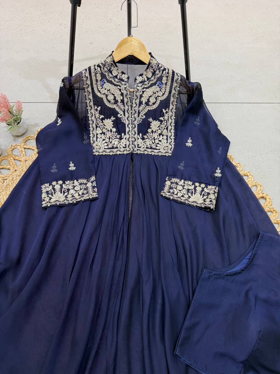 Navy Blue Rangoli Silk Sequin Indo-Western Set, view 4