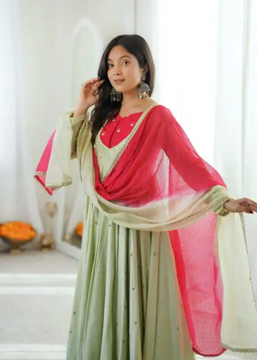 Pista Green Roman Silk mirror work Anarkali suit