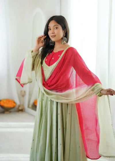 Pista Green Roman Silk mirror work Anarkali suit