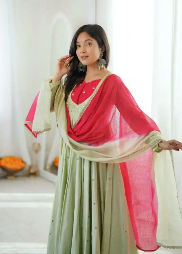 Pista Green Roman Silk mirror work Anarkali suit