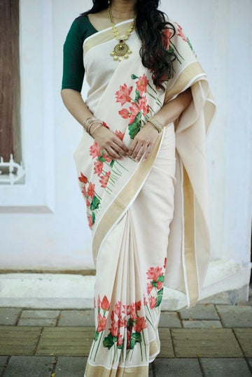 Off-White Linen Lotus Print Saree with Cutwork Border