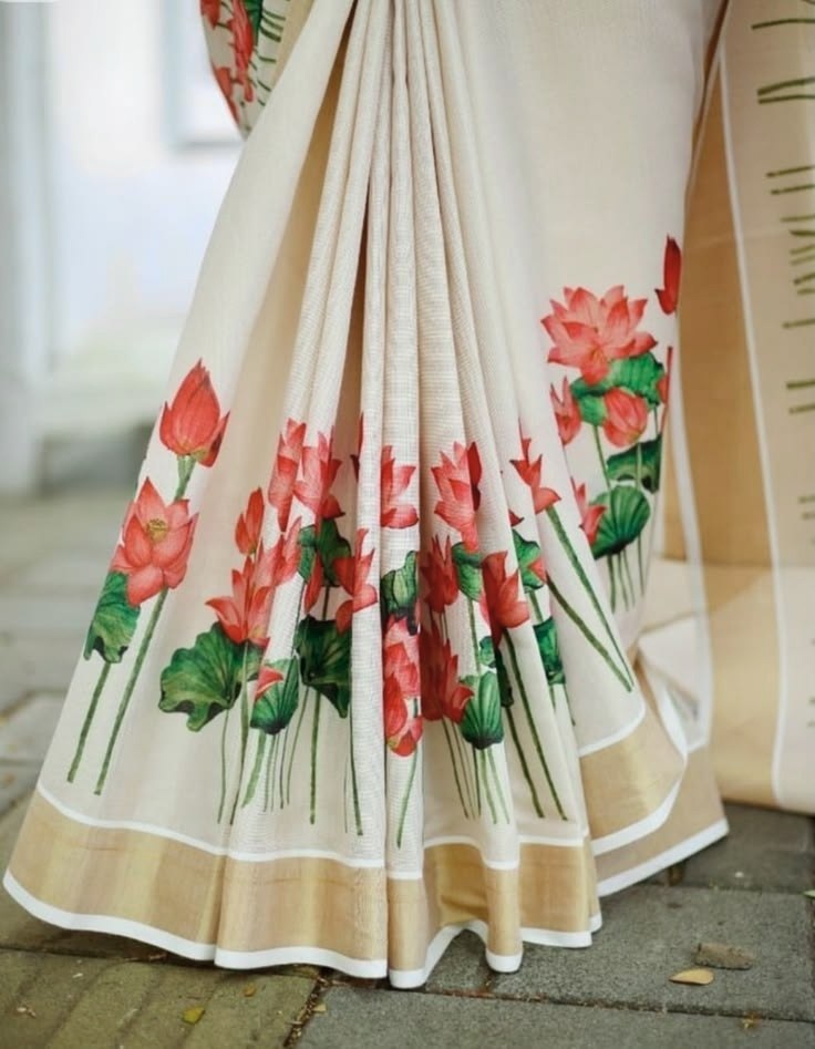 Off-White Linen Lotus Print Saree with Cutwork Border