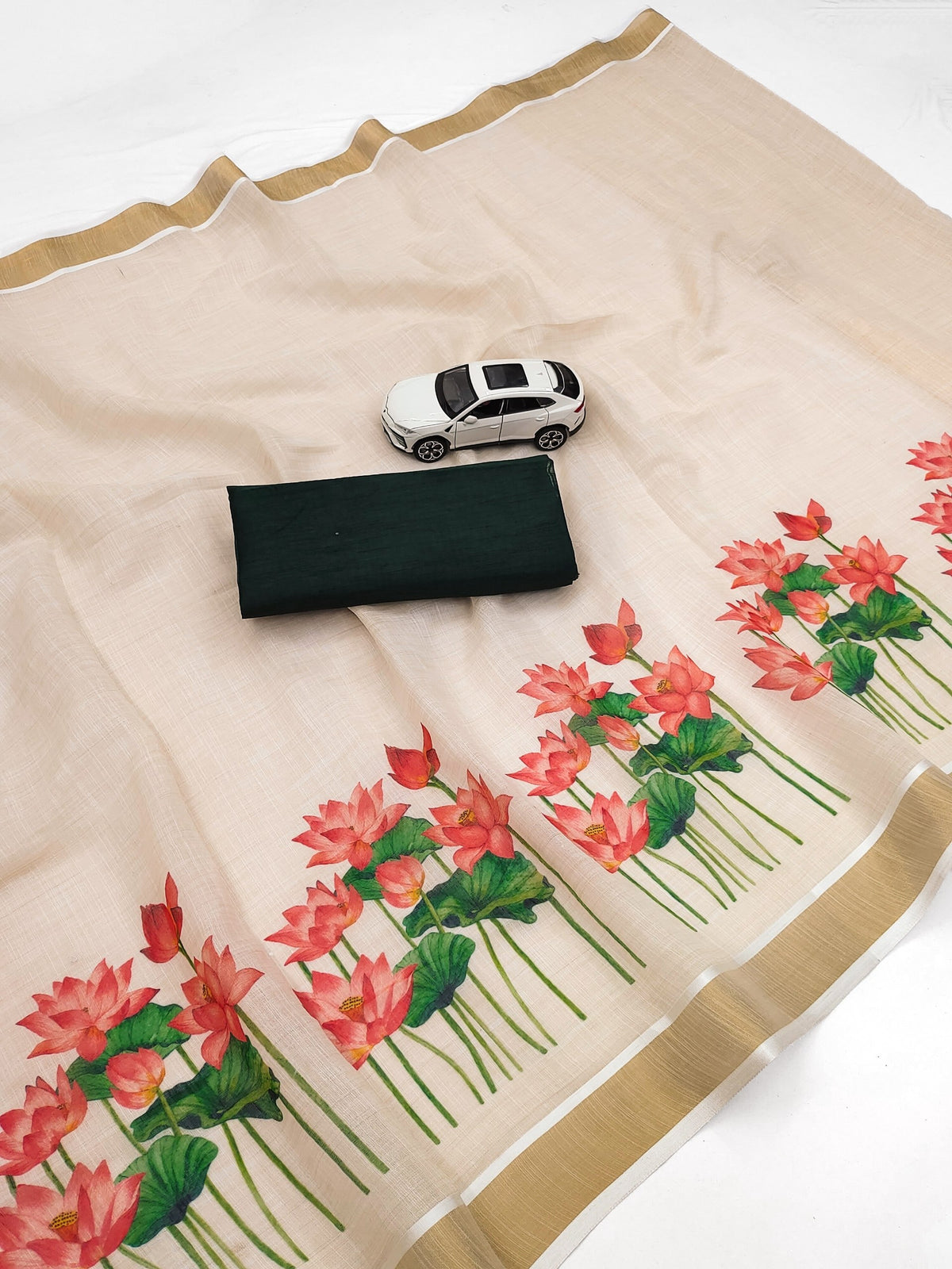 Off-White Linen Lotus Print Saree with Cutwork Border, view 6
