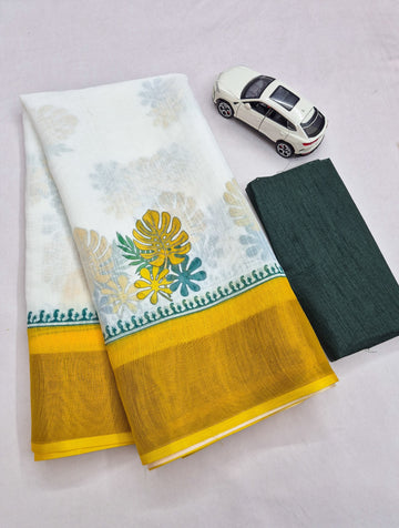 Off-White and Green Kerala Linen Saree