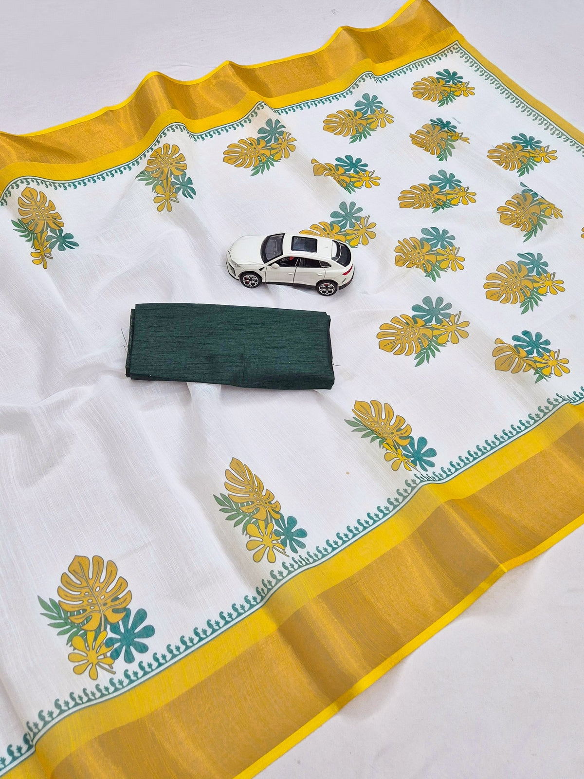 Off-White and Green Kerala Linen Saree, view 2