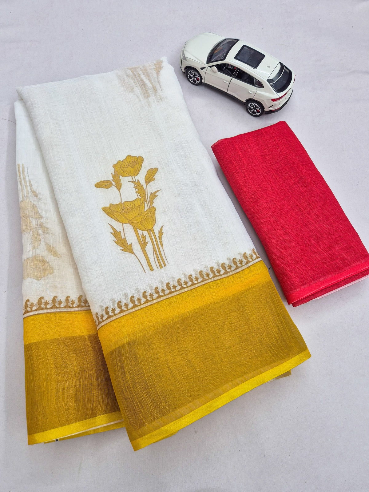 Off-White and Gold Kerala Linen Saree