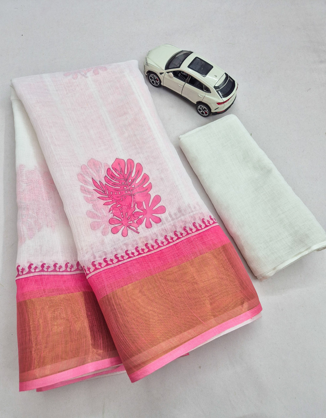 Off-White and Pink Kerala Linen Saree