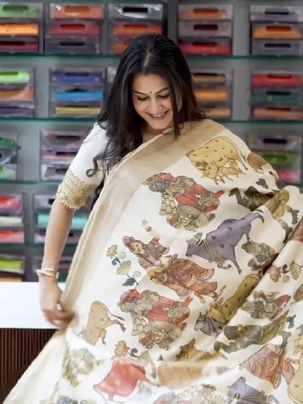 Off-White Kerala Linen Pichwai Print Saree