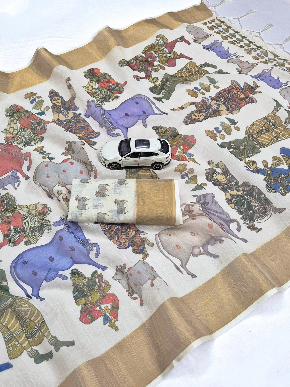 Off-White Kerala Linen Pichwai Print Saree, view 5