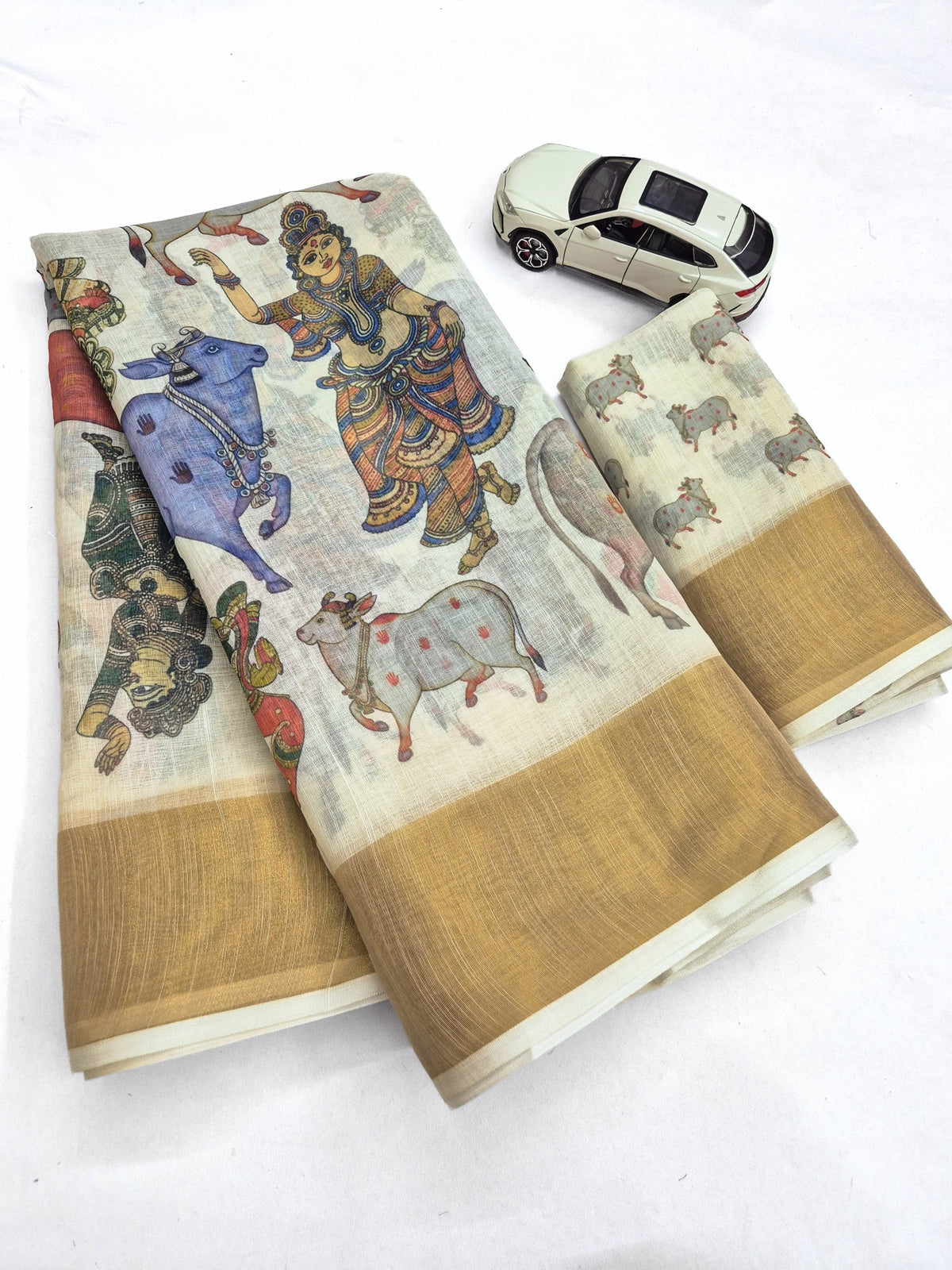Off-White Kerala Linen Pichwai Print Saree, view 6