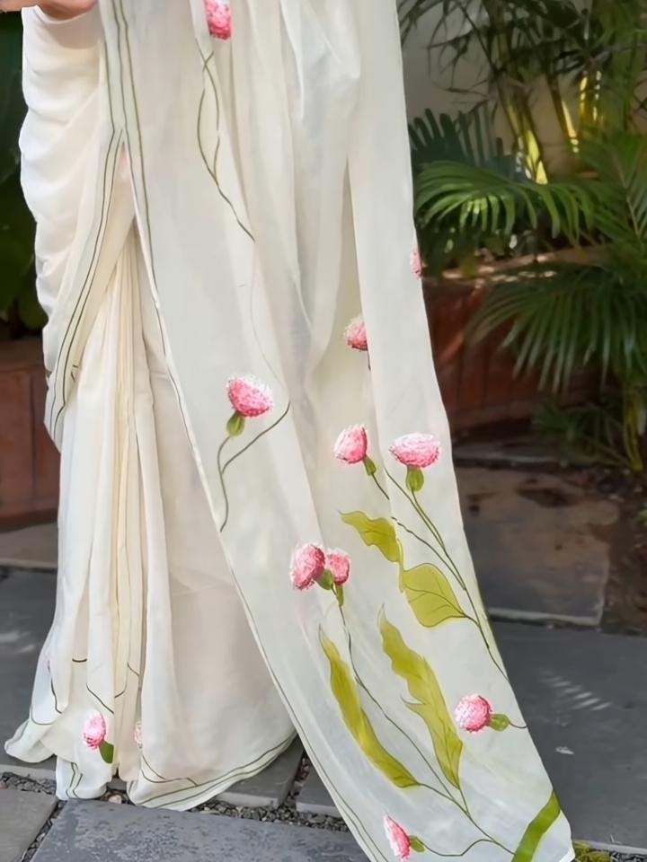 Off-White Kerala Linen Lotus Print Saree, view 3