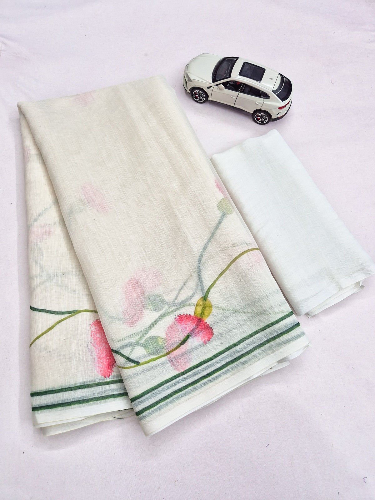 Off-White Kerala Linen Lotus Print Saree, view 5