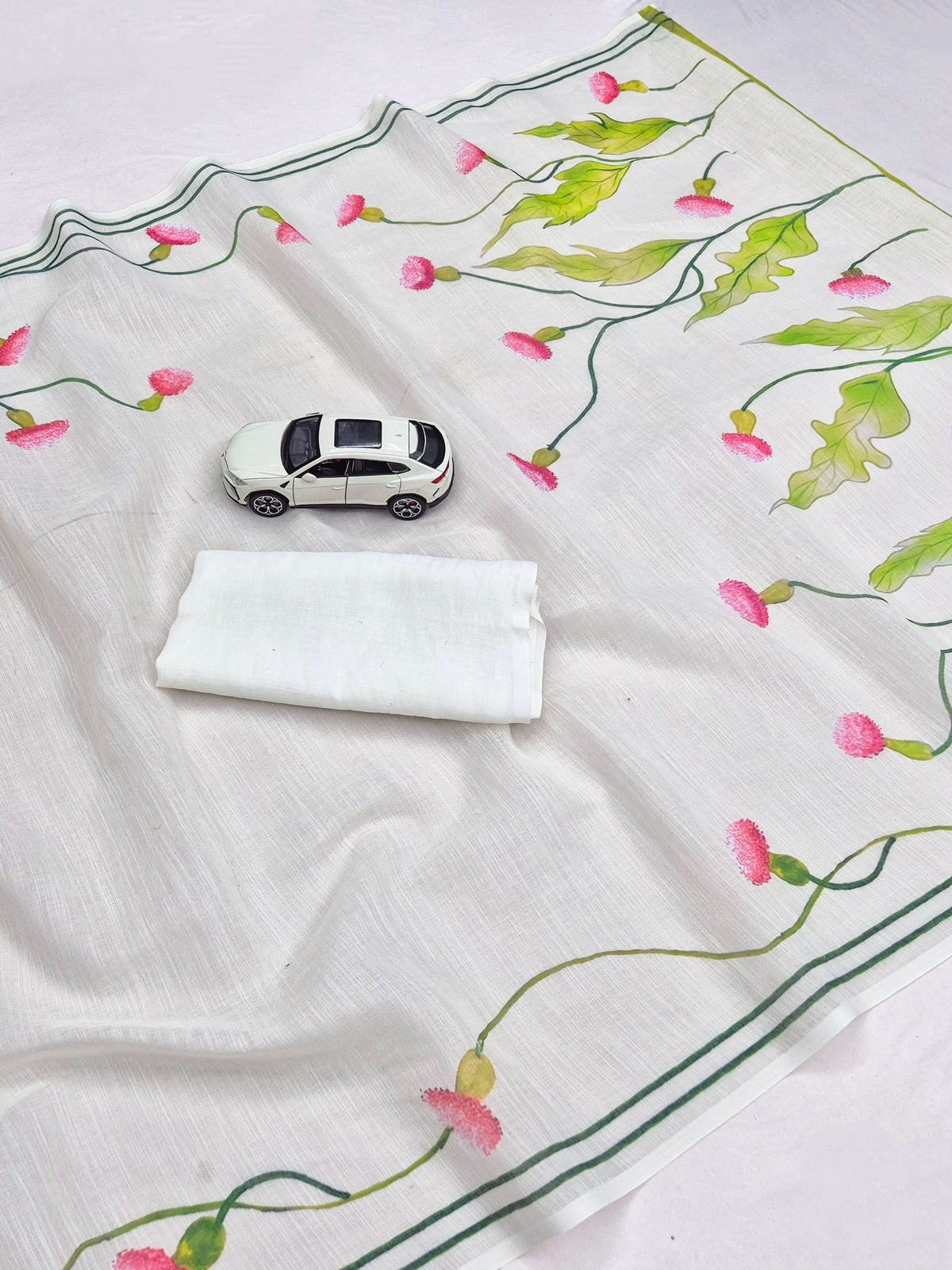 Off-White Kerala Linen Lotus Print Saree, view 6