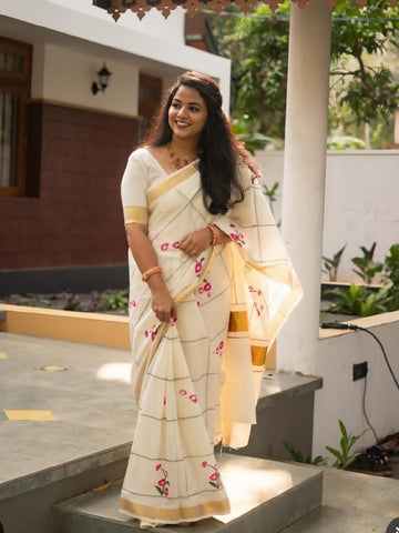 Off-White Linen Floral Checks Saree with Zari Border