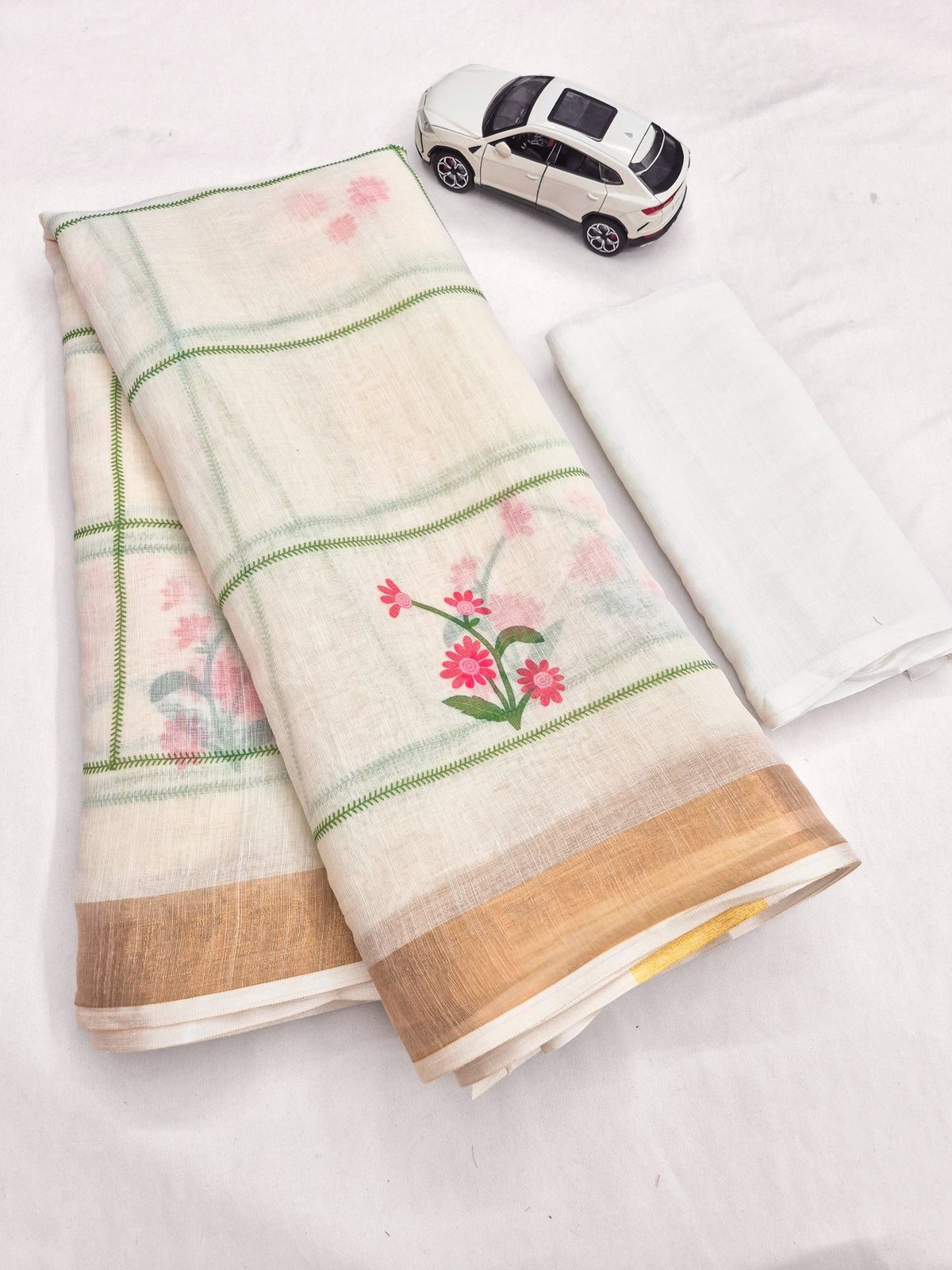 Off-White Linen Floral Checks Saree with Zari Border, view 5