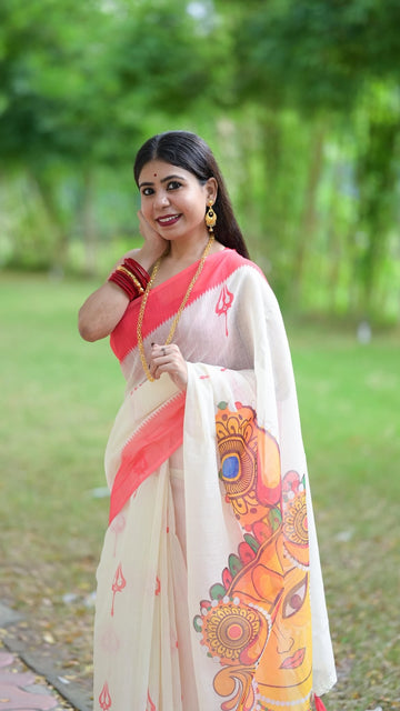 Off-White and Red Linen Durga Print Saree