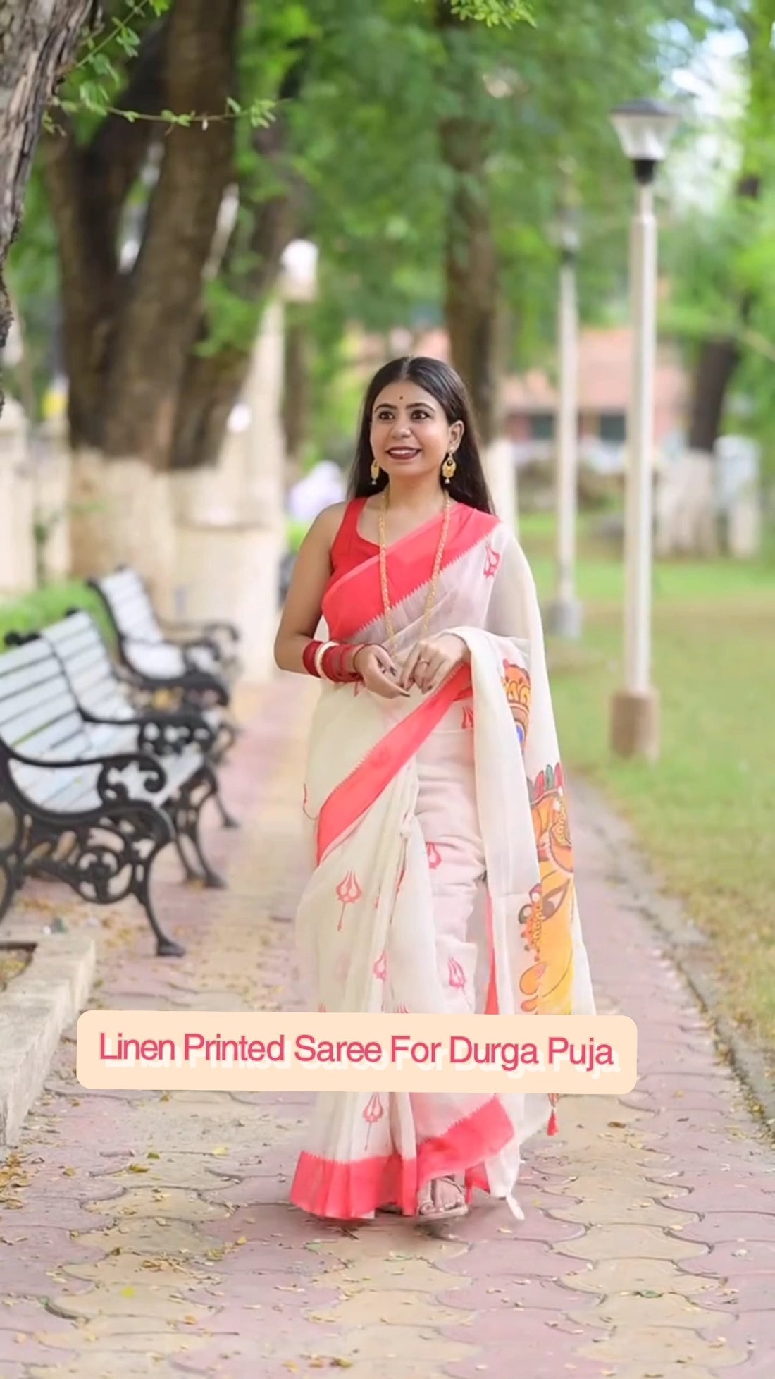 Off-White and Red Linen Durga Print Saree