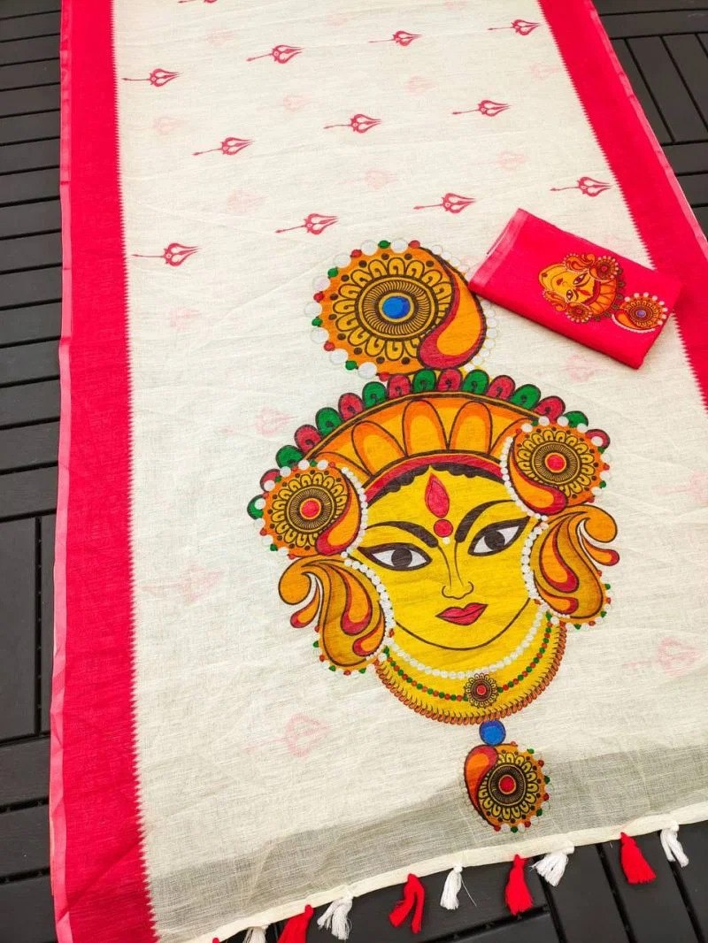 Off-White and Red Linen Durga Print Saree, view 3