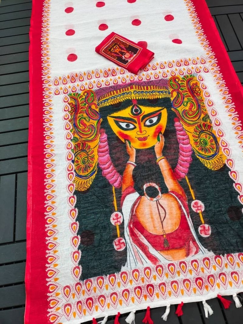 Off-White and Red Linen Durga Print Saree, view 4
