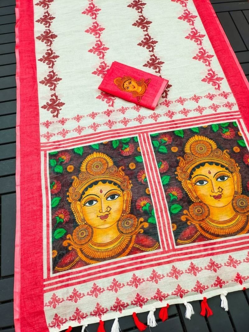 Off-White and Red Linen Durga Print Saree, view 5