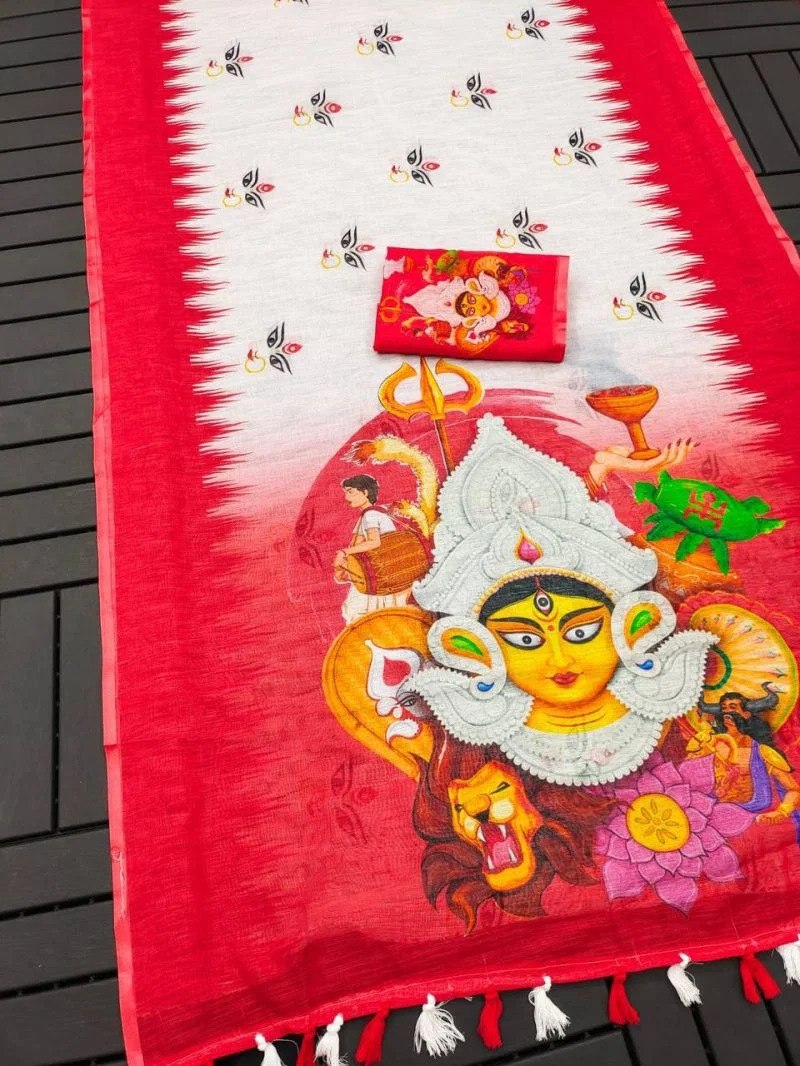 Off-White and Red Linen Durga Print Saree, view 6