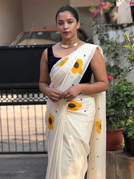 Off-White and Yellow Linen Floral Saree with Zari Border, view 3