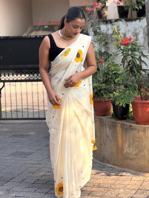 Off-White and Yellow Linen Floral Saree with Zari Border, view 5