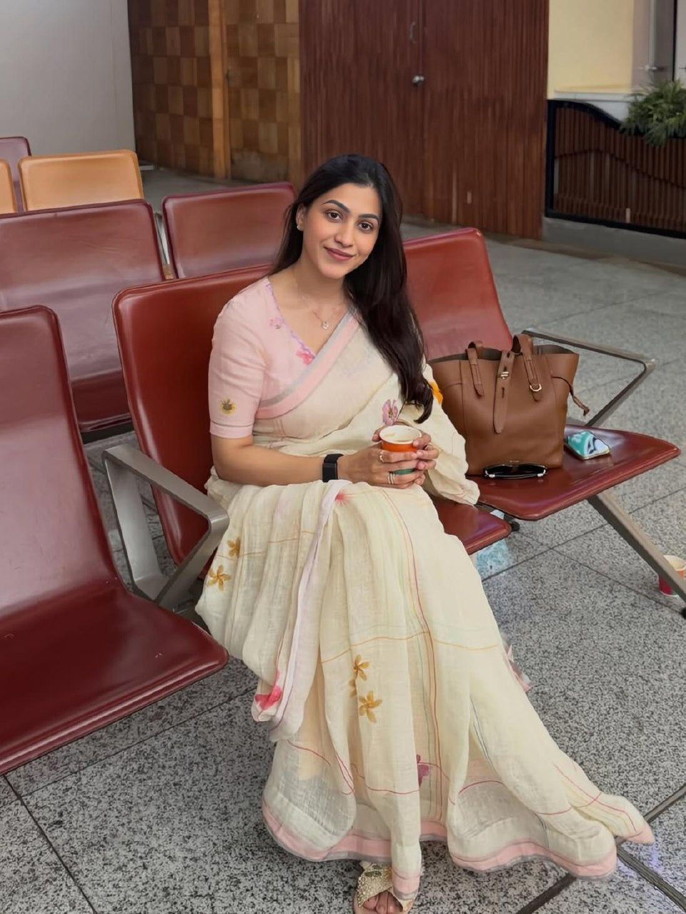 Off-White and Peach Linen Floral Saree with Zari Border, view 3