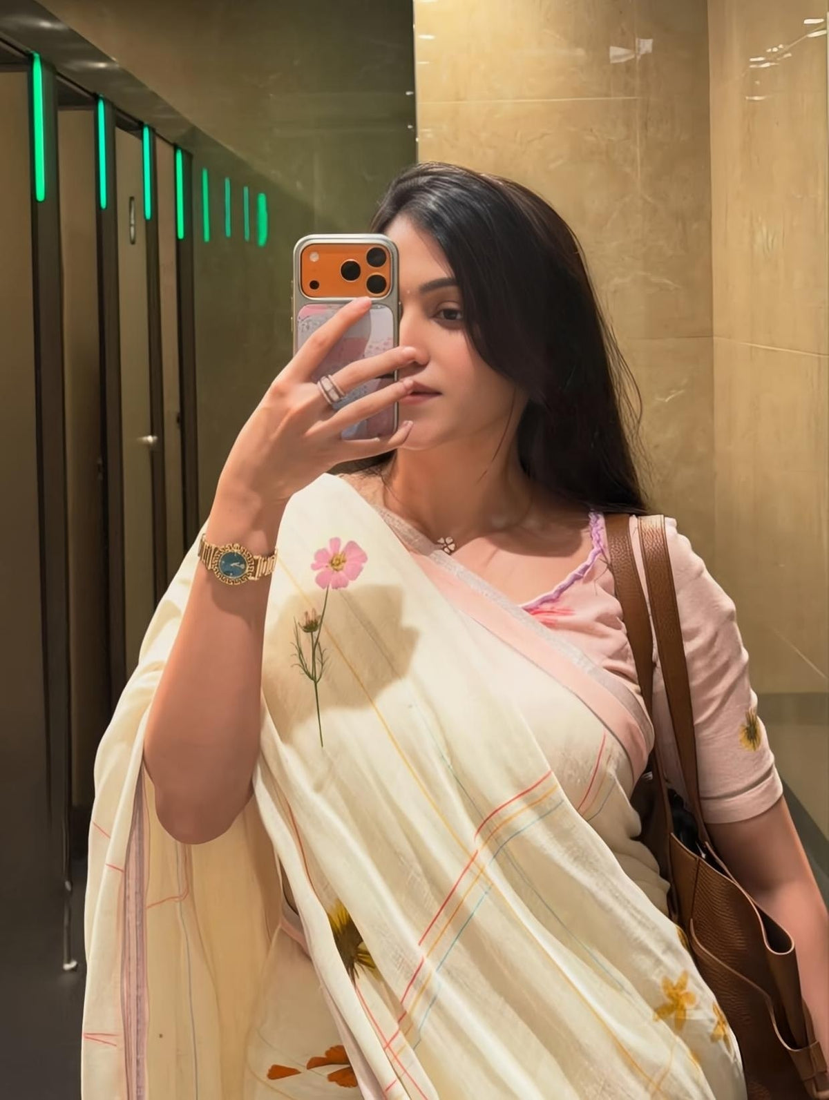Off-White and Peach Linen Floral Saree with Zari Border, view 5