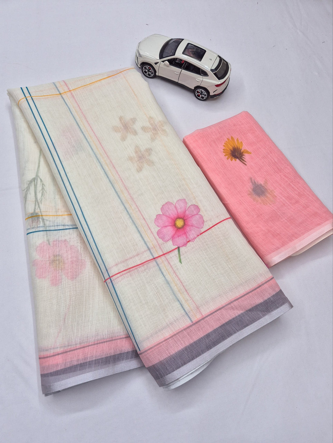 Off-White and Peach Linen Floral Saree with Zari Border