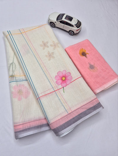 Off-White and Peach Linen Floral Saree with Zari Border