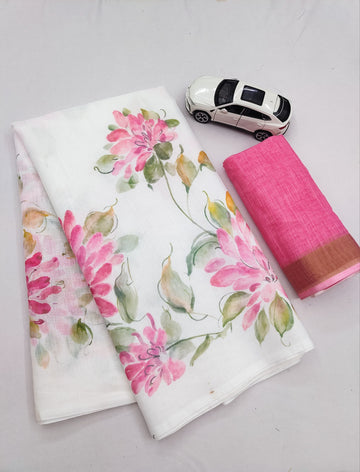 Off-White and Pink Linen Floral Saree with Zari Border