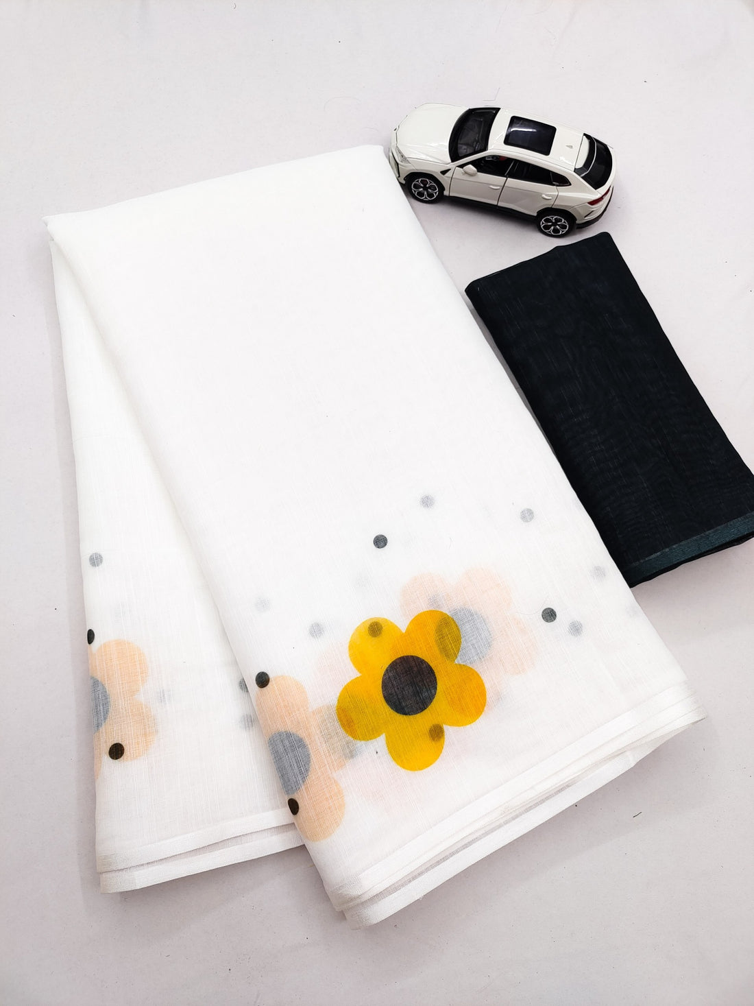 Off-White and Yellow Linen Floral Saree with Zari Border