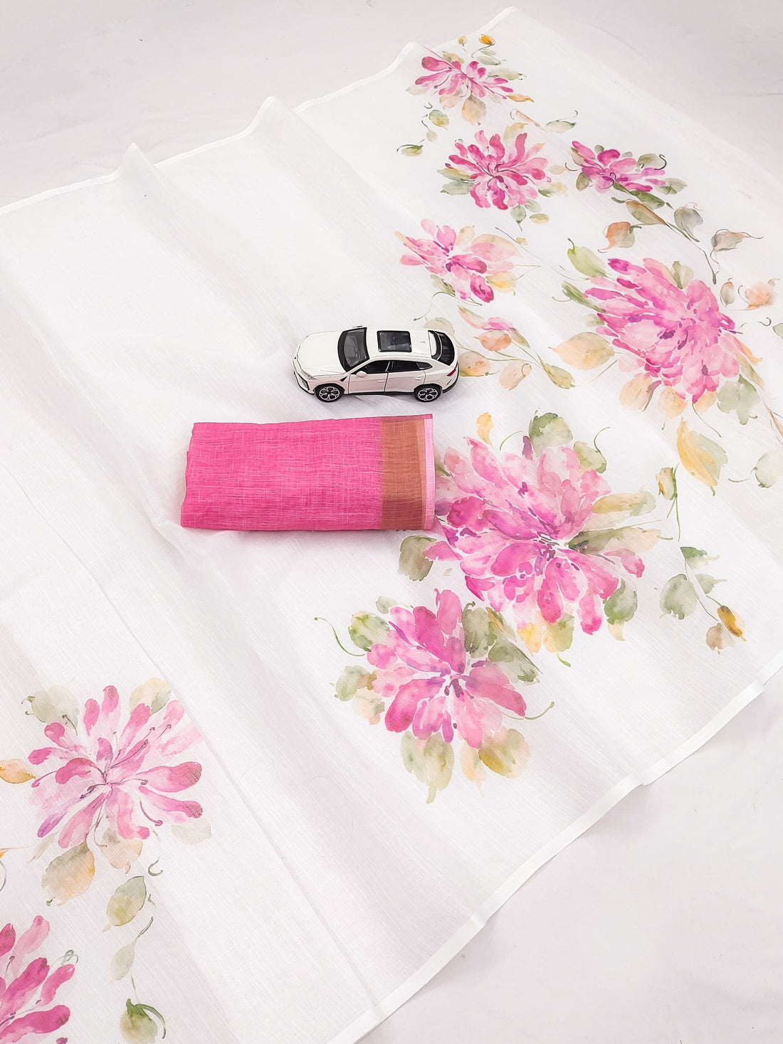 Off-White and Pink Linen Floral Saree with Zari Border