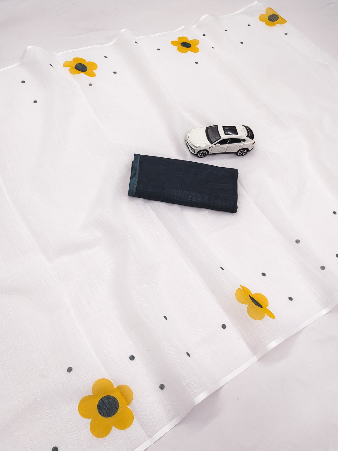 Off-White and Yellow Linen Floral Saree with Zari Border
