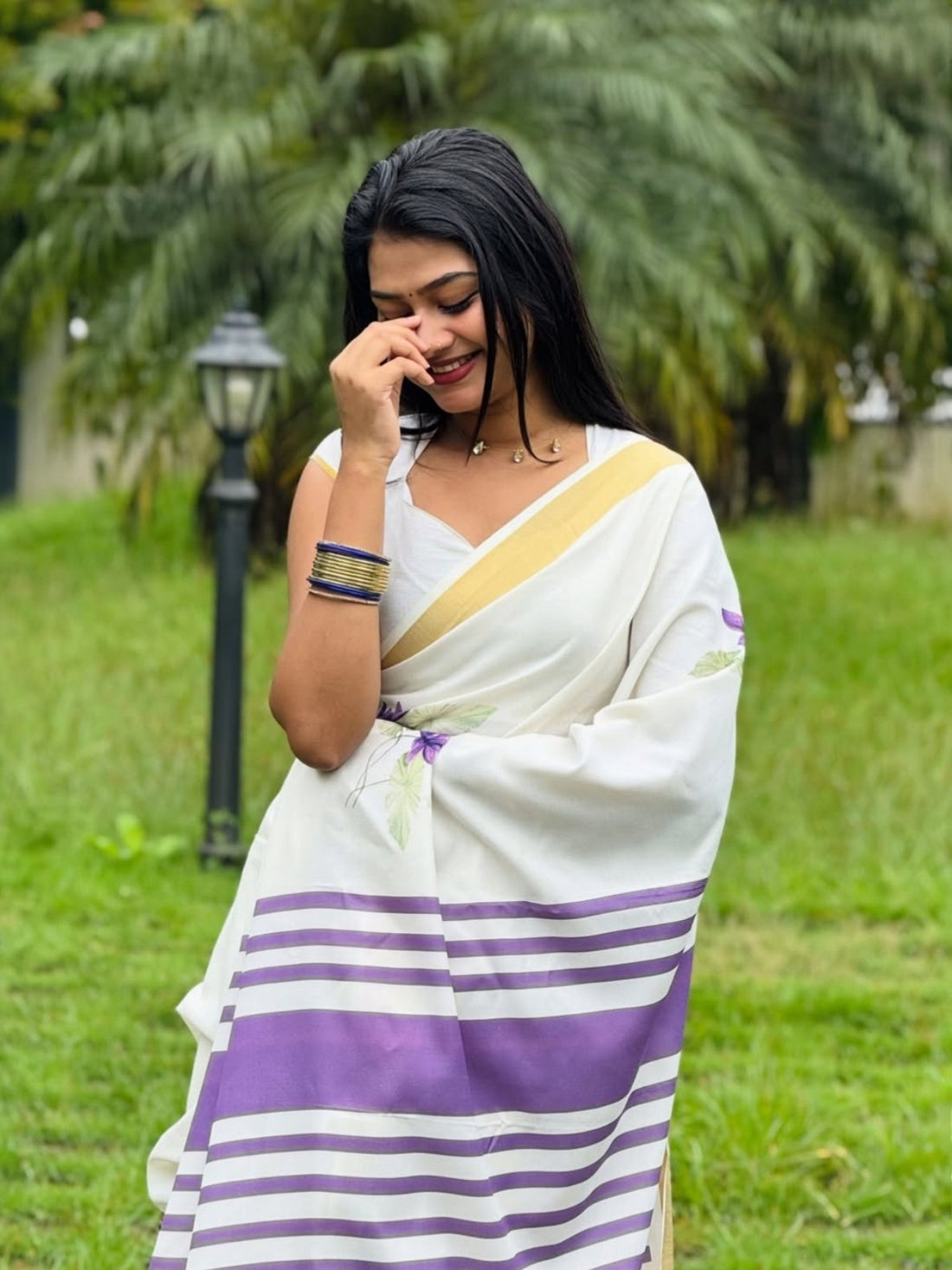 Off-White and Purple Linen Lotus Saree with Zari Border