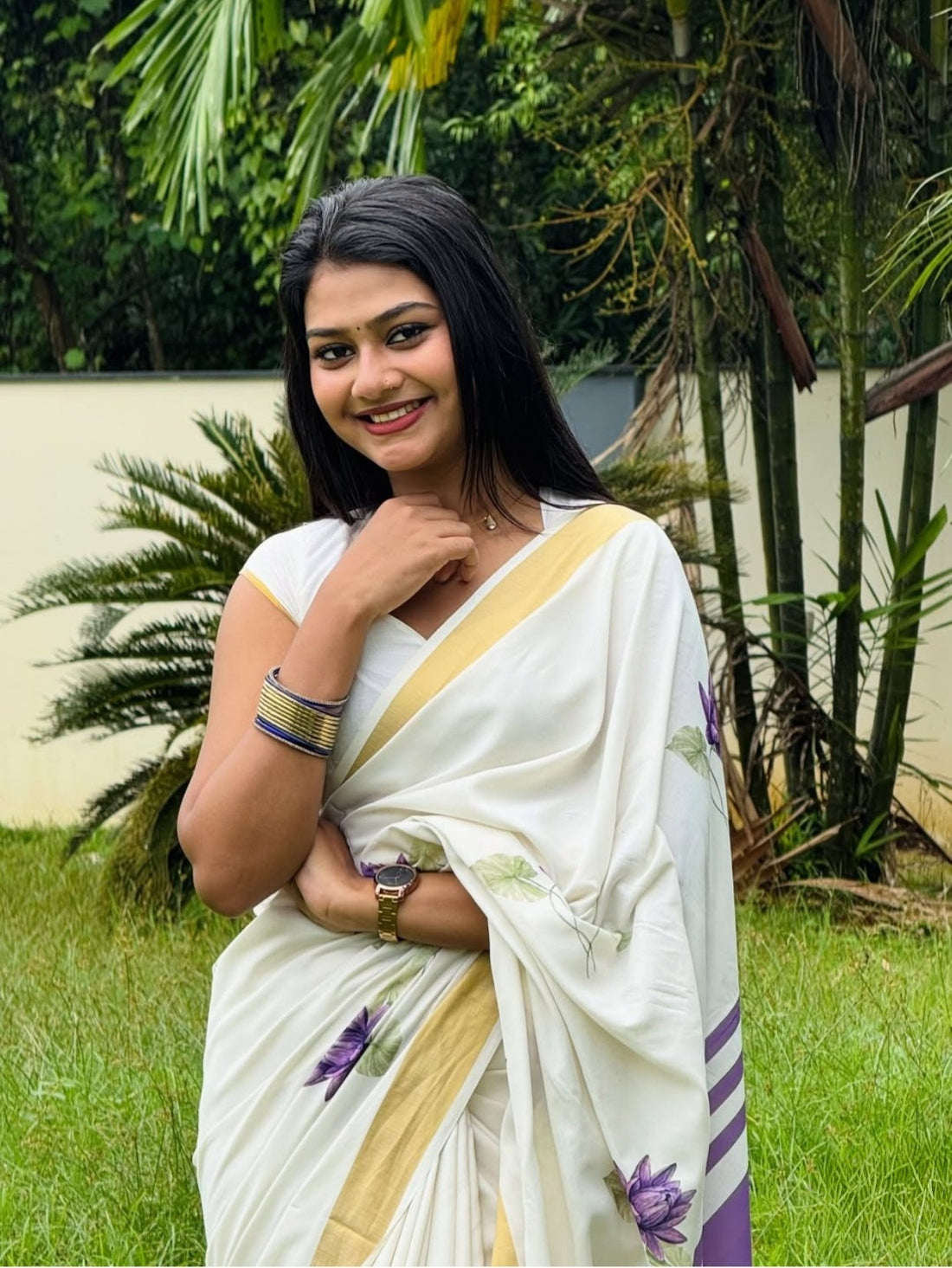 Off-White and Purple Linen Lotus Saree with Zari Border