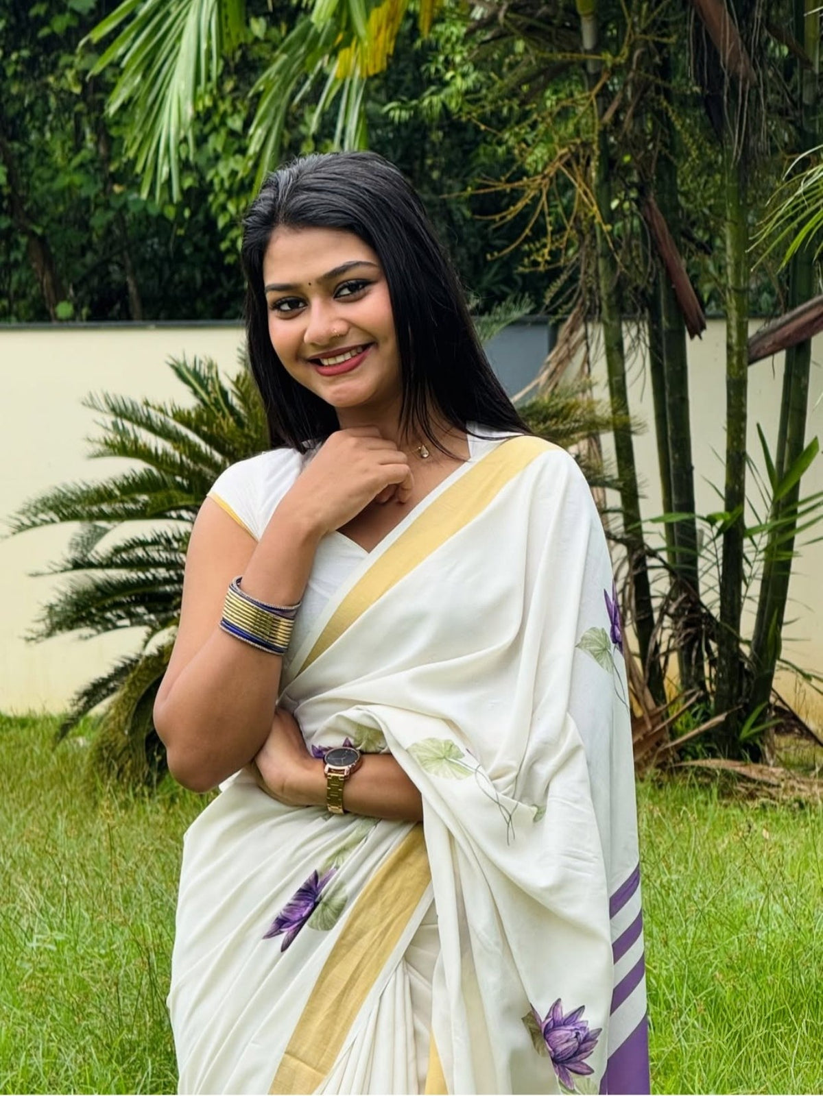 Off-White and Purple Linen Lotus Saree with Zari Border, view 2