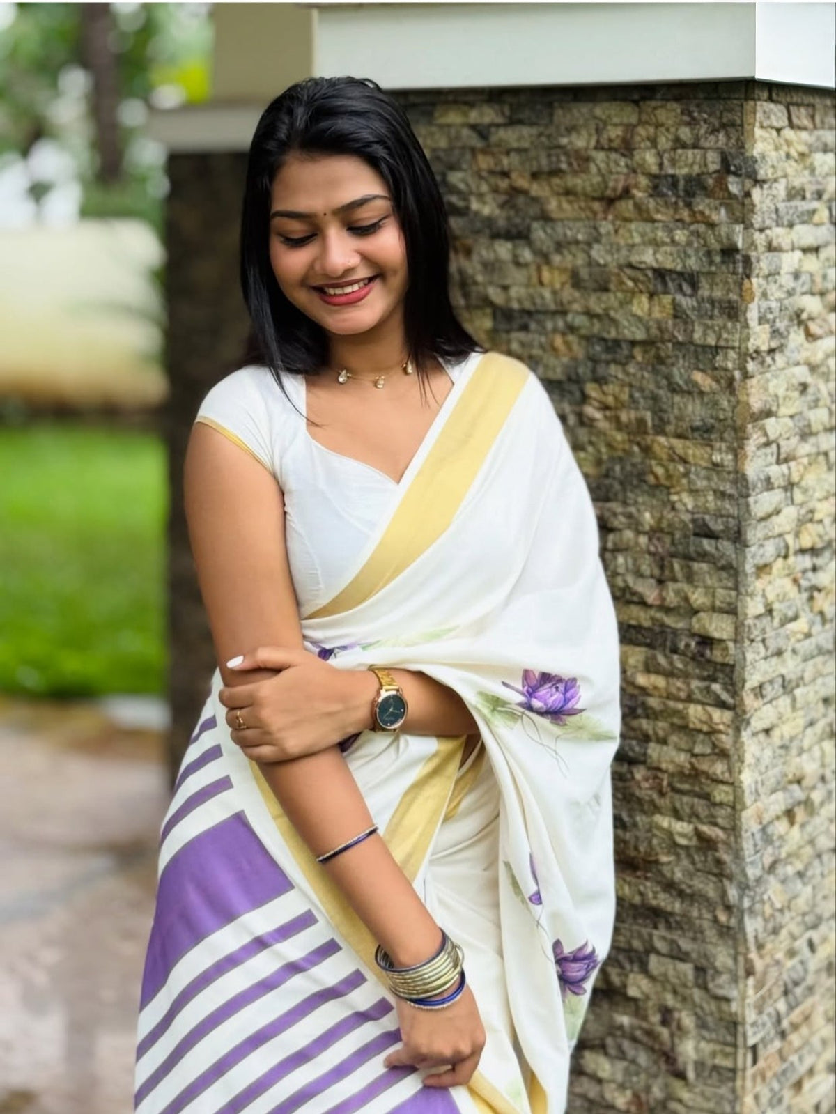 Off-White and Purple Linen Lotus Saree with Zari Border, view 3