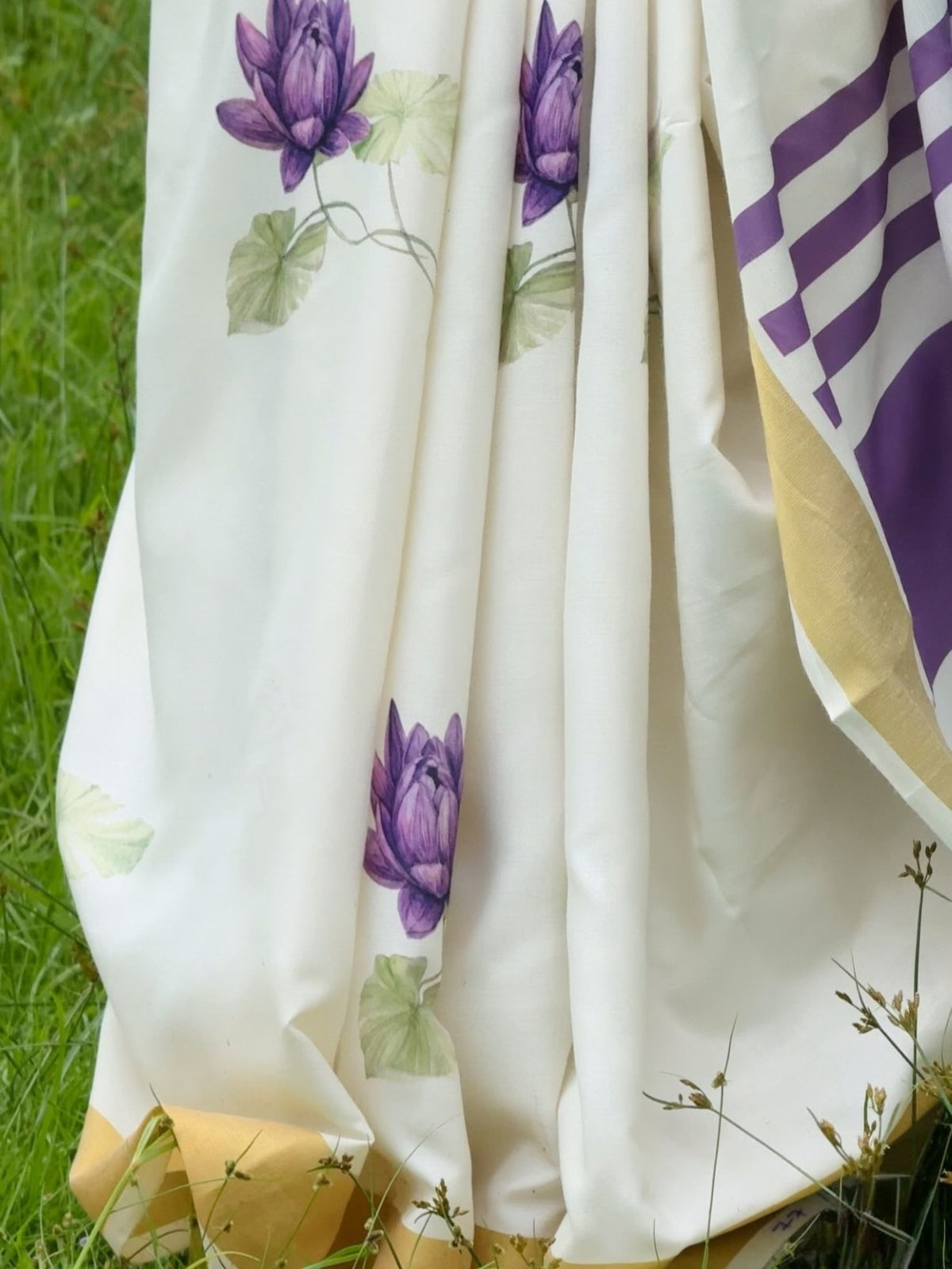 Off-White and Purple Linen Lotus Saree with Zari Border, view 4