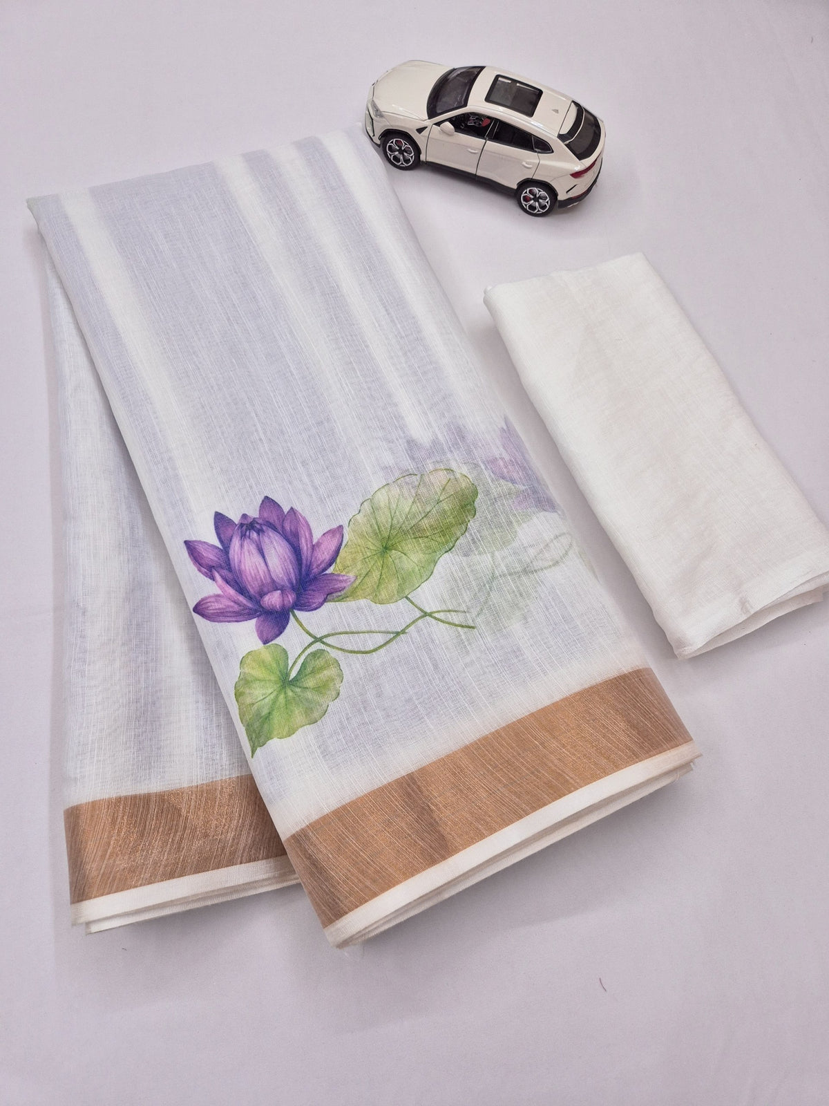 Off-White and Purple Linen Lotus Saree with Zari Border, view 5