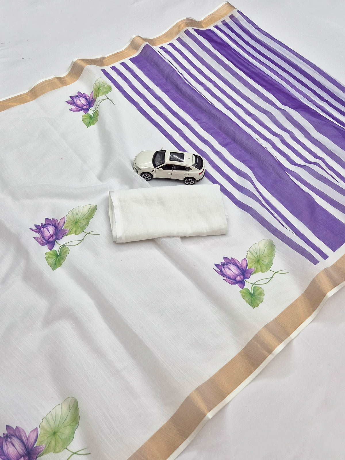 Off-White and Purple Linen Lotus Saree with Zari Border, view 6