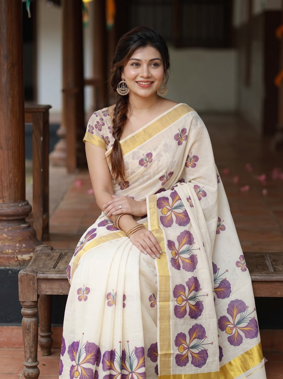 Purple Linen Floral Print Saree with Zari Border, view 3