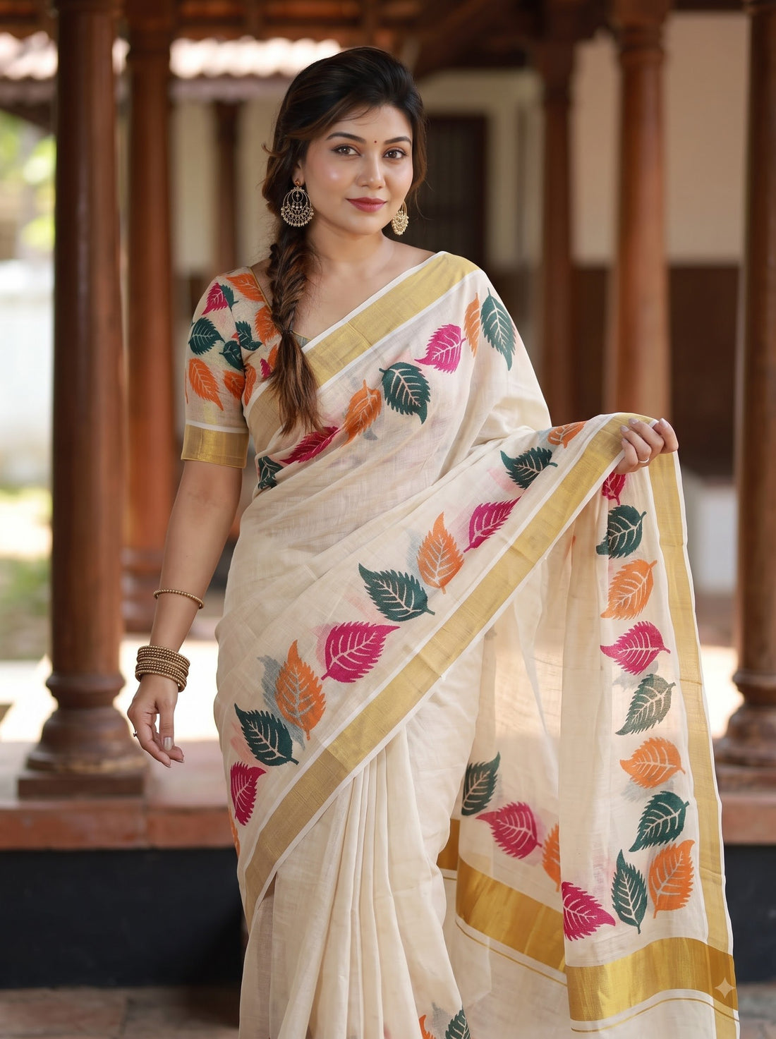 Multicolour Linen Floral Print Saree with Zari Border
