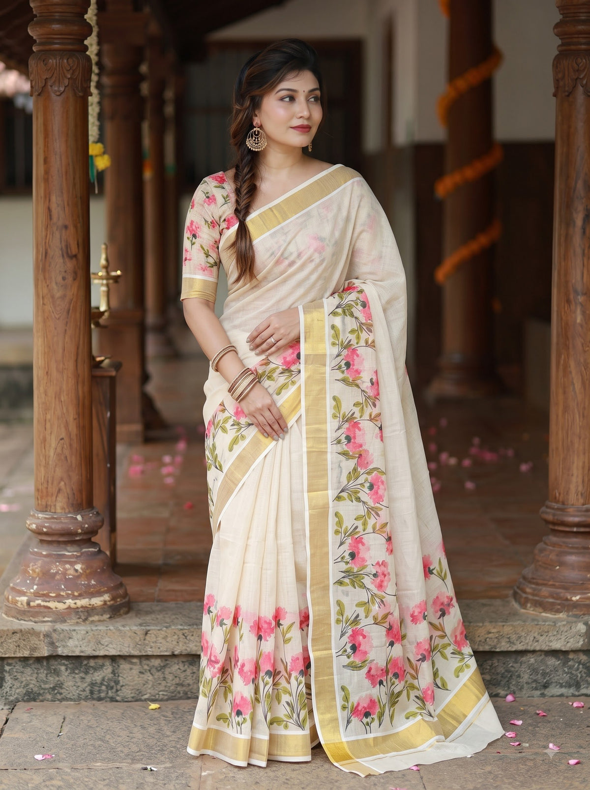 Pink Linen Floral Print Saree with Zari Border, view 3