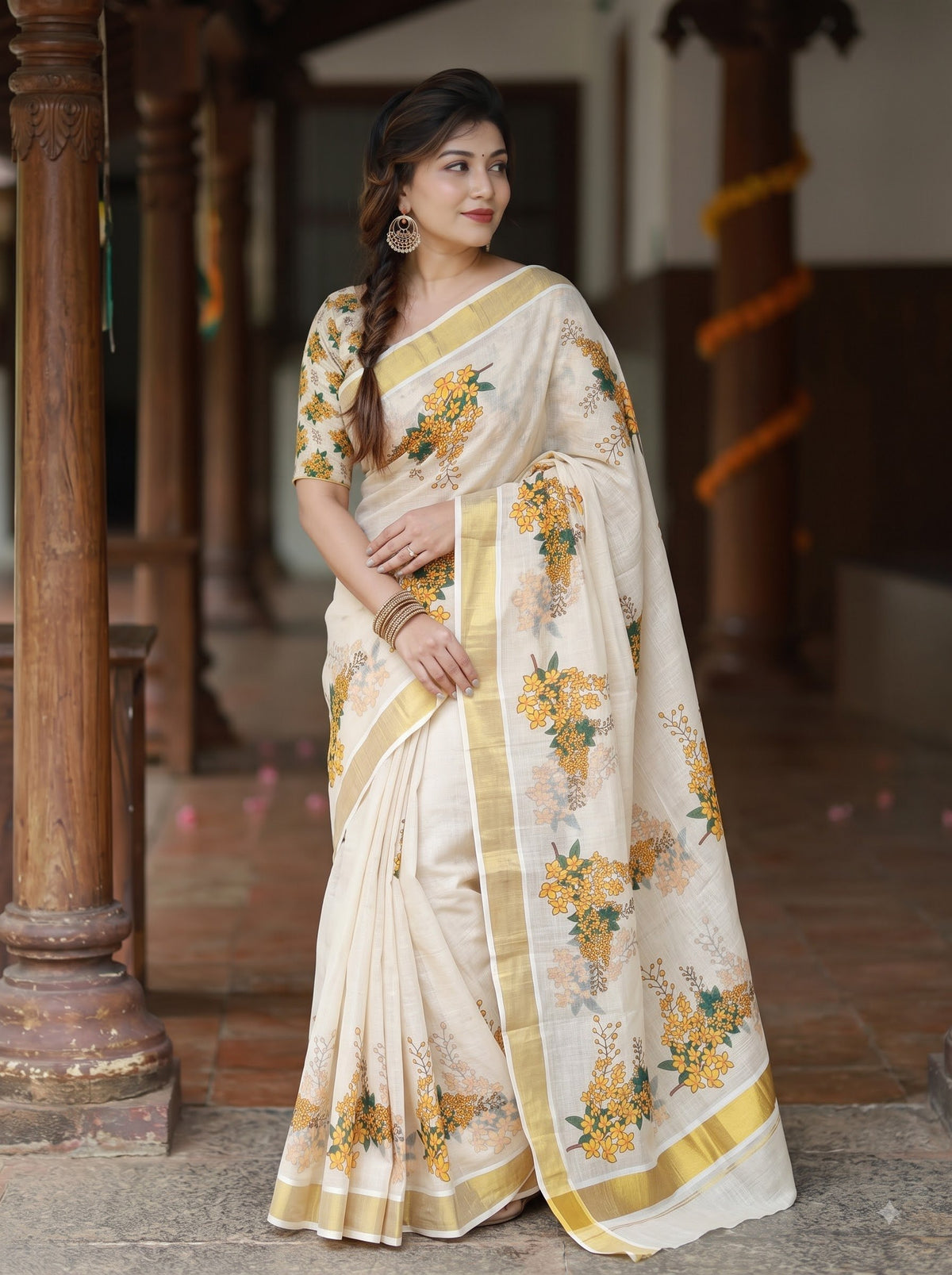 Yellow Linen Floral Print Saree with Zari Border, view 3
