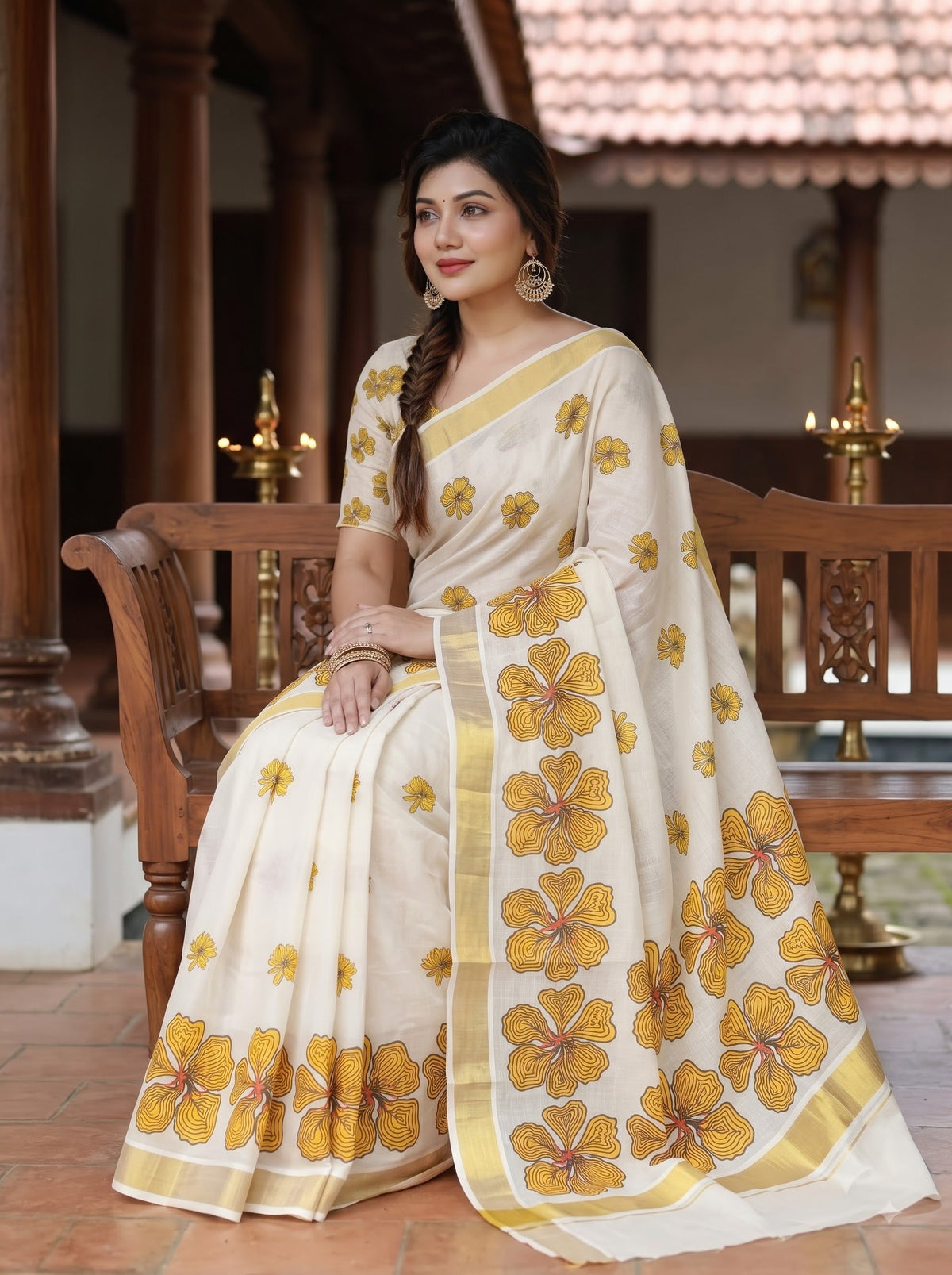 Mustard Linen Floral Print Saree with Zari Border, view 3