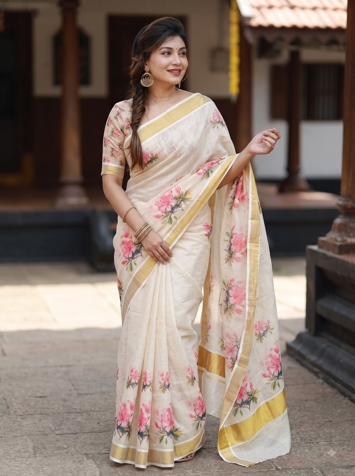Baby Pink Linen Floral Print Saree with Zari Border, view 3