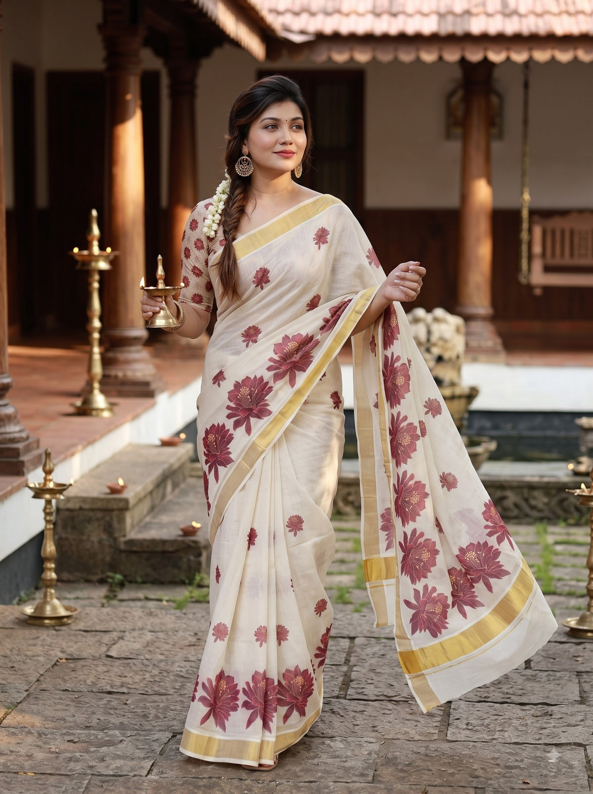 Maroon Linen Floral Print Saree with Zari Border, view 3